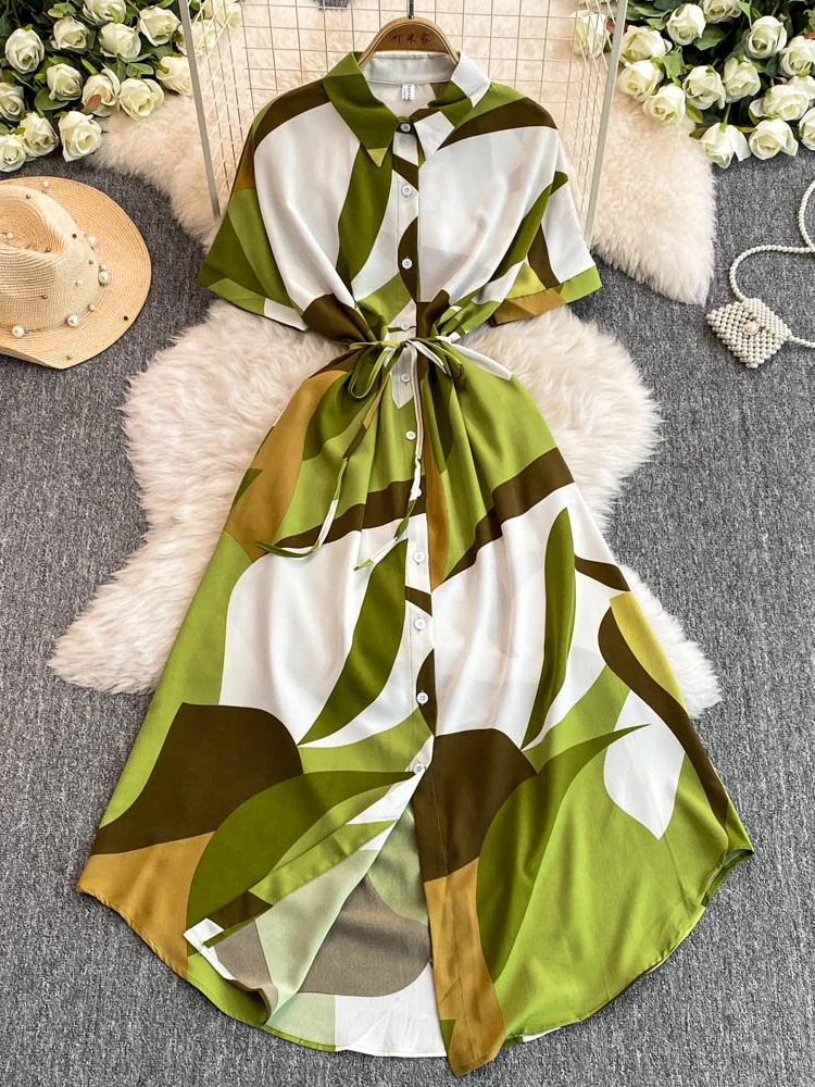 

Женское осеннее платье с цветочным принтом, коротким рукавом, воротником и поясом на талии, уникальное длинное платье в корейском стиле для повседневной носки