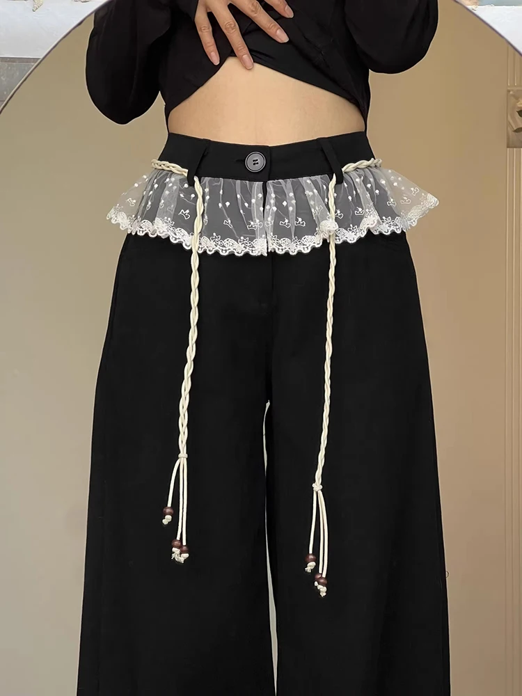 

Bla Lace Trim Patchwork Casual Pants Women's Spring Autumn Loose Slim Straight Wide Leg Trousers High Waist Long Pants