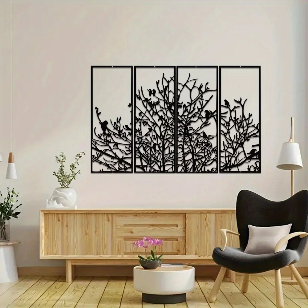 4 Panels Tree of Life Decor Mid-Century Tree Decor Large Black Unique Minimalist Home Decor Great Housewarming Perfect for Gift