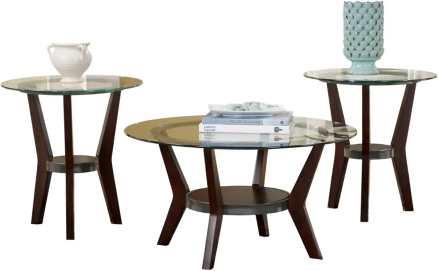 

3-Piece Table Set, Includes 1 Coffee Table and 2 End Tables with Glass Top and Fixed Shelf, Dark Brown