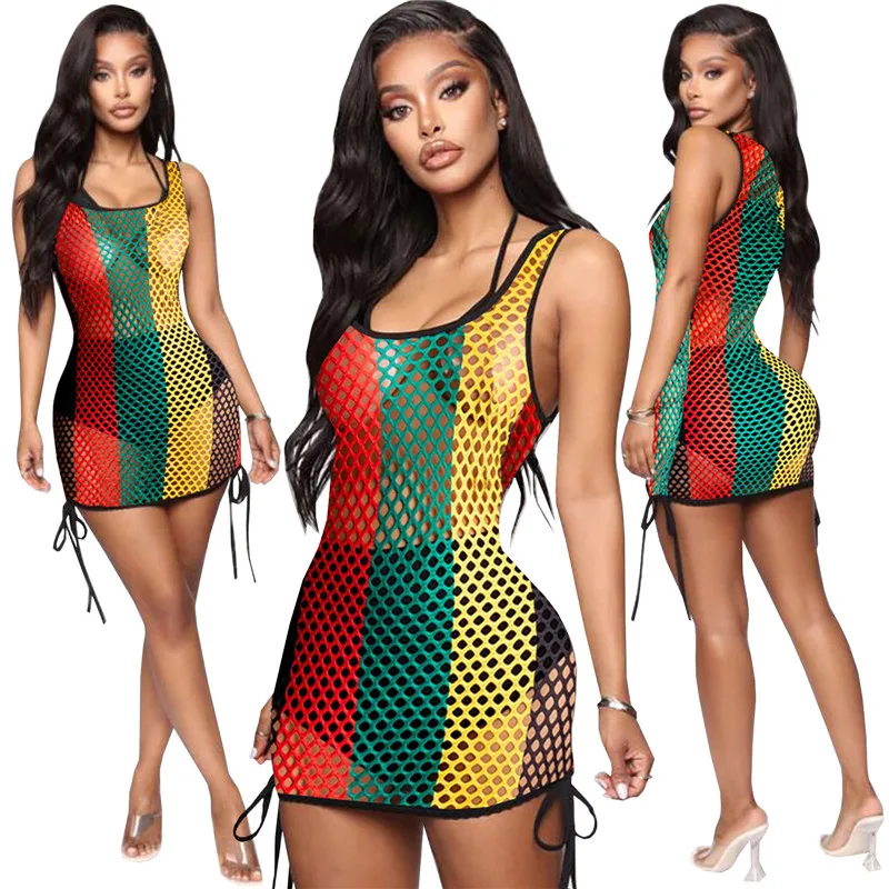 Nieuwe Stijl Regenboog Gestreepte Vrouwen Jurk Voor Strand Cover Ups Holle Kijken Door Sexy Vestidos 2024 Mode Feest Mini Jurken