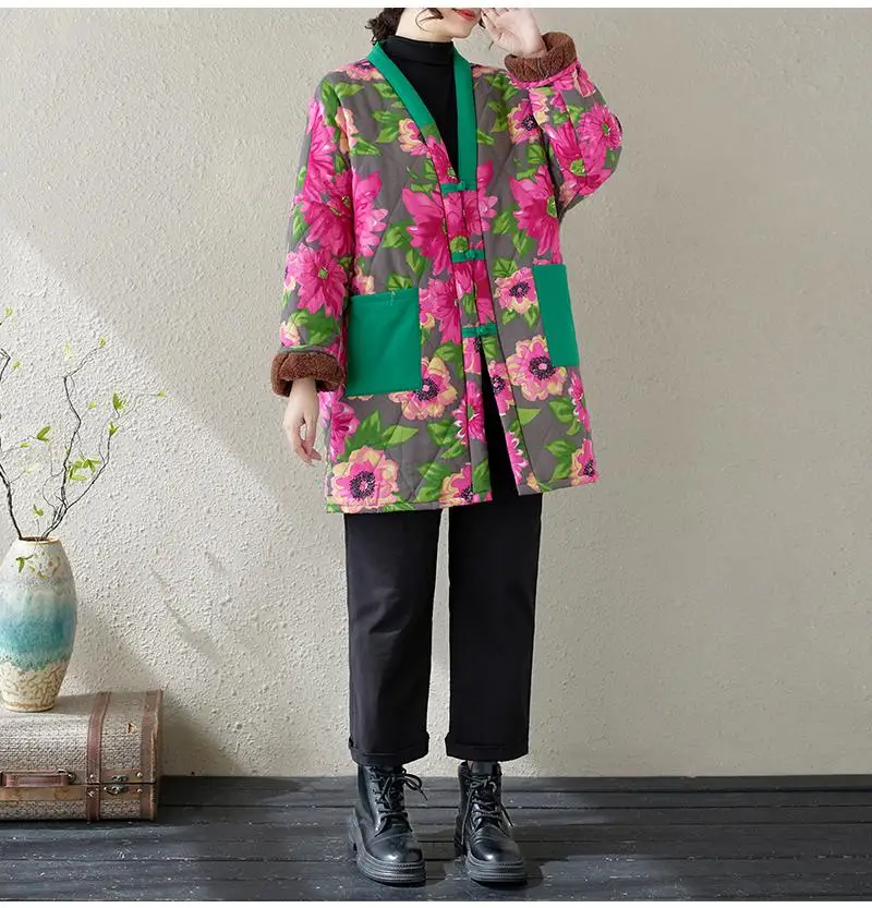 Retro Printed Cotton Jacket Women\'s 2024 Winter Velvet Thickened Mid-length Ethnic Style Disc Buckle Floral Long Sleeves Coat