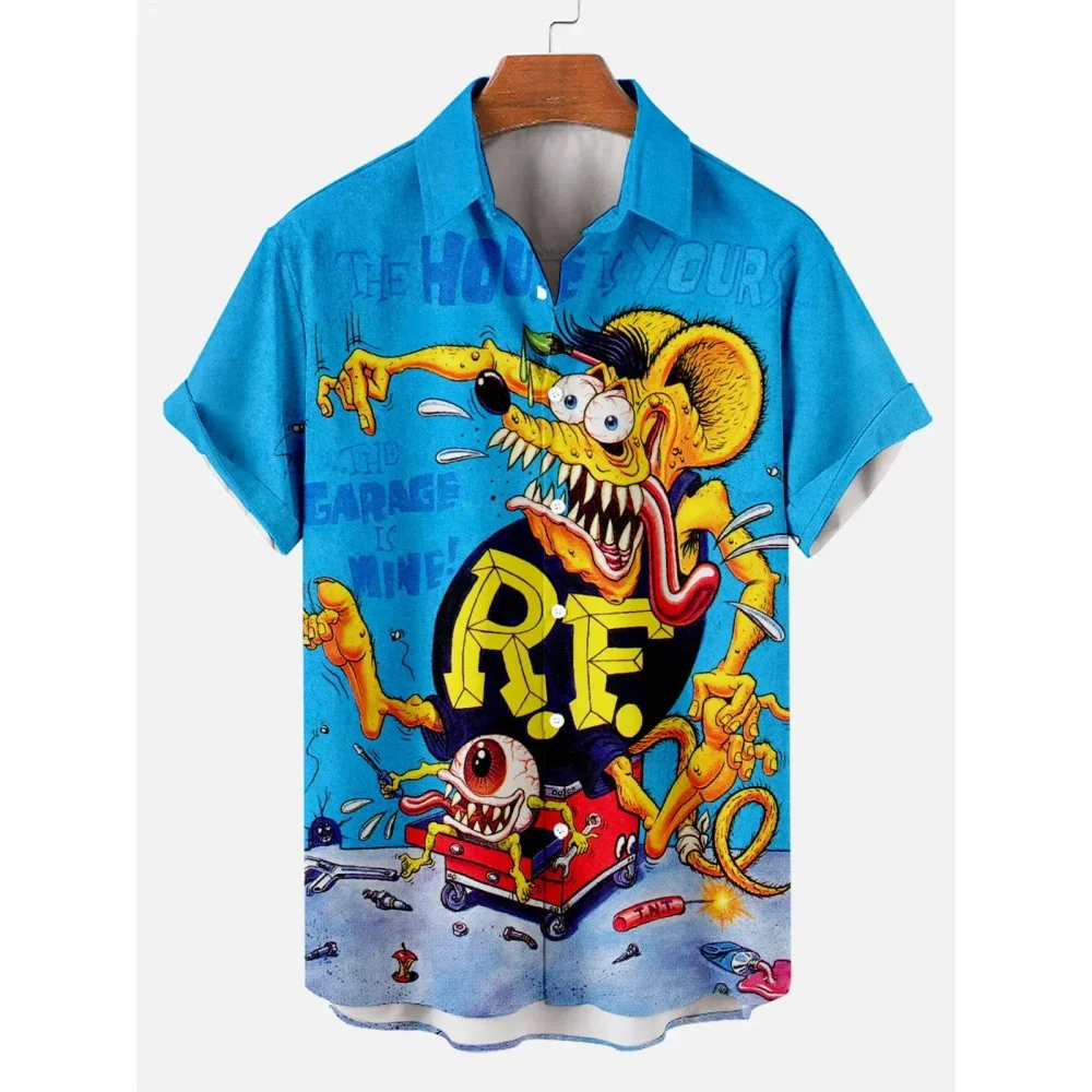 Animal desenho animado masculino Camisa havaiana com estampa 3D, manga curta, moda casual, roupa de verão, 2024