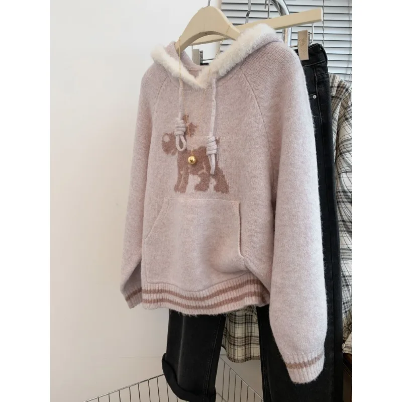 الوردي محبوك قناع السترة محبوك سترة للنساء الخريف الشتاء فضفاضة سميكة الراقية مقنعين البلوز لملابس خارجية #1