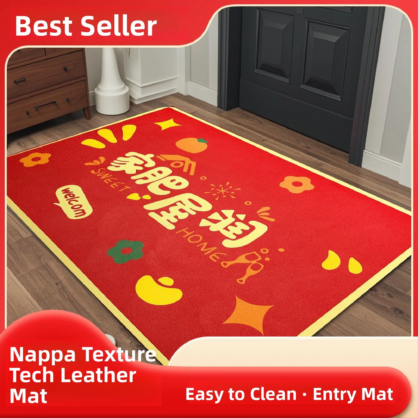 Water Absorbent Non Slip PVC Napa Leather Door Mat Entrance Hall Bathroom Mat Red Celebration Anti Slip Carpet Rug