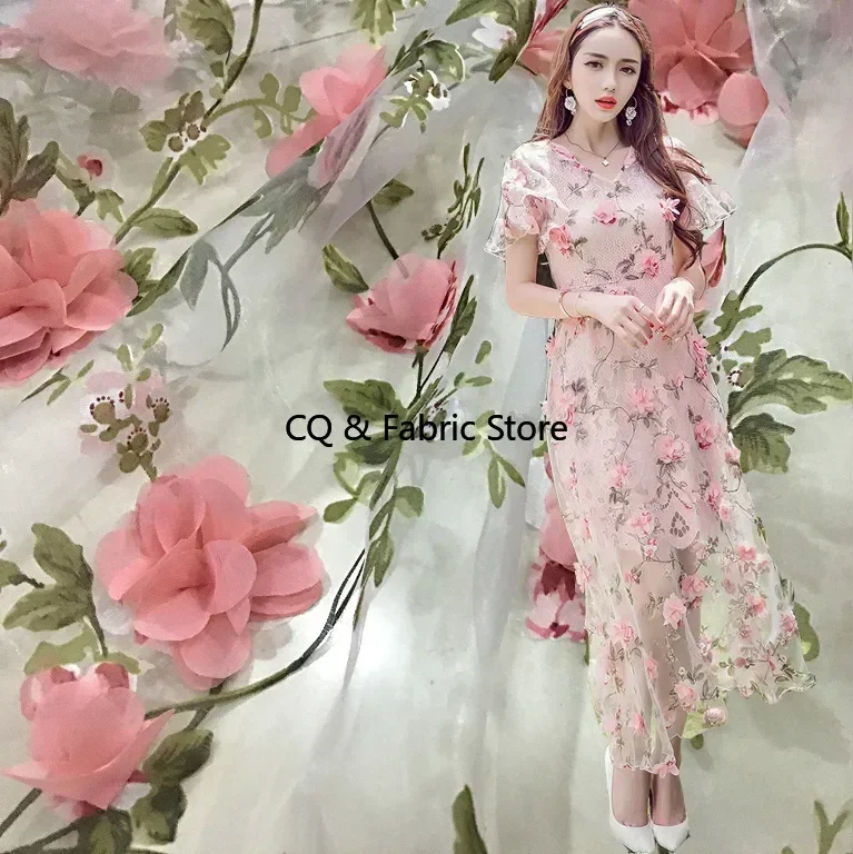 

Высококачественная шифоновая кружевная органза, цветочная ткань ручной работы, трехмерная вышивка, цветок, ткань для свадебного платья своими руками, 50x140 см