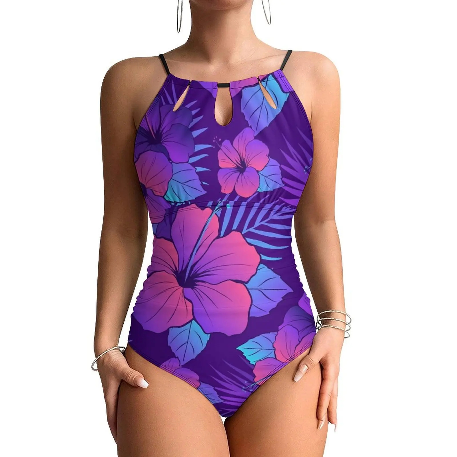 Tropical Floral Swimsuit Pink Hibiscus Swimwear One-Piece Holiday Swim Swimsuits Cut Out Bathing Suits Women Push Up Beach Wear