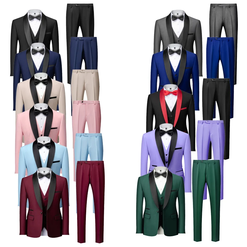 2025 Green Fruit Collar Elegant Wedding Suits for Men, Multi Color Business Casual Formal Blazer+Vest+Pants 3-Piece, Asian Size