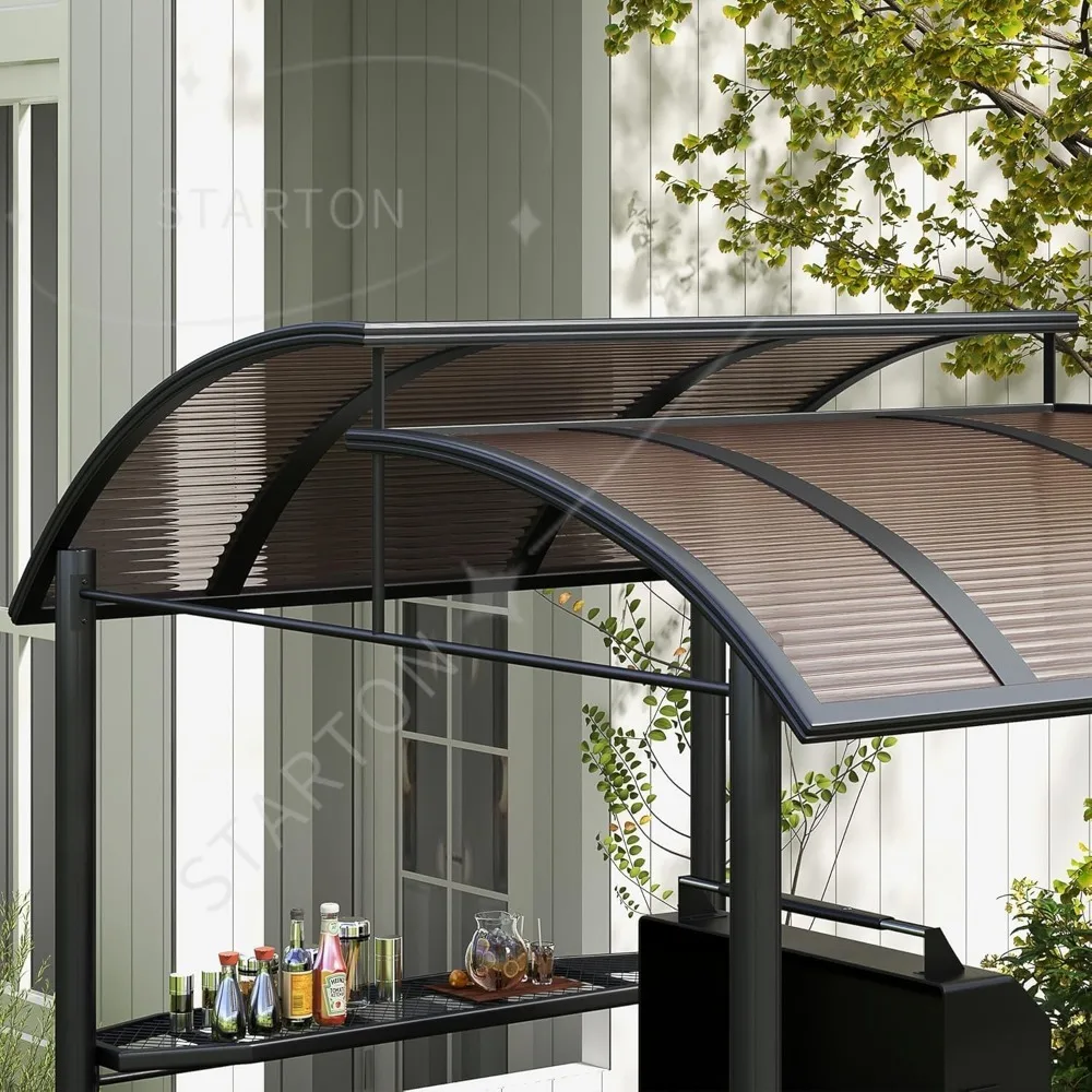 Outdoor BBQ Canopy with Side Shelves, Steel Fra，8' x 5' Grill Gazebo Shelter with Interlaced Vented Polycarbonate Roof