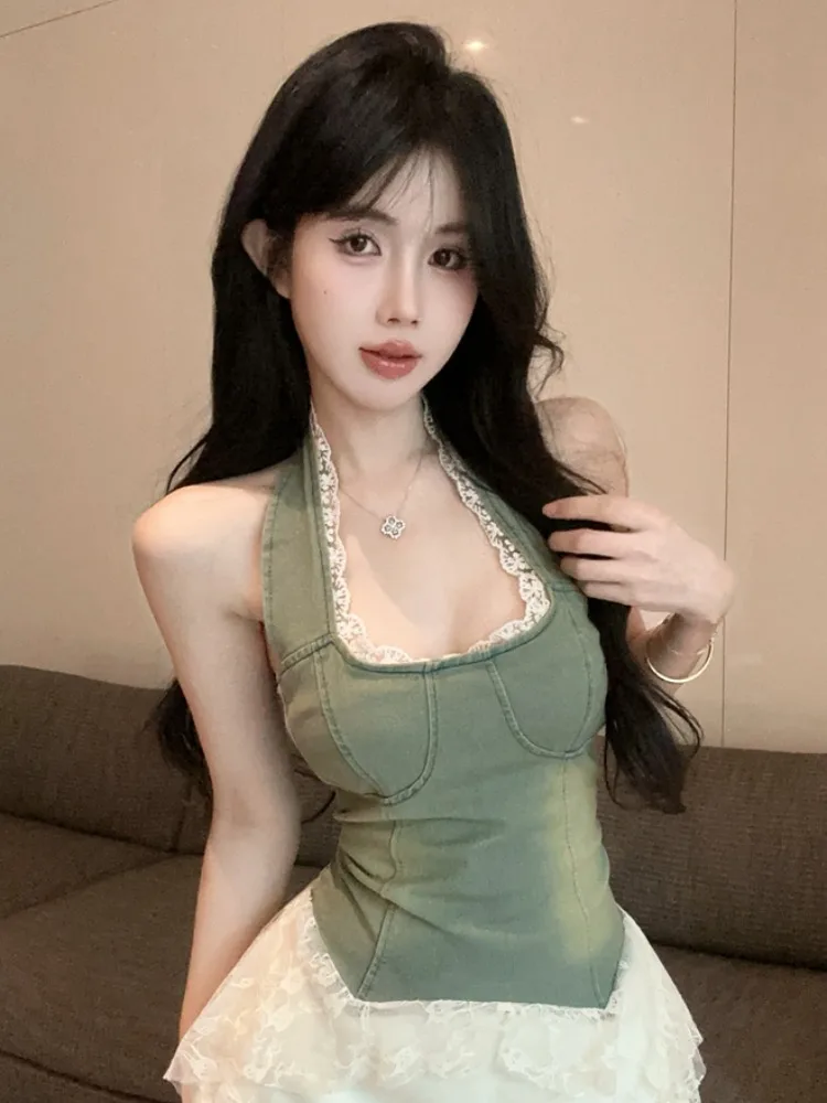 

Deep V-Neck Lace Crop Top Women Summer Irregular Sexy Waist Cinching Strapless Denim Patchwork Neck Hanging Casual Citywalk
