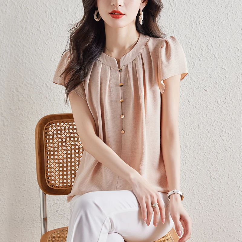 Damen Vintage Mode gekräuselte schlanke Bluse 2024 Sommer Büro Dame elegante Pendel hemden solide o Hals Kurzarm Tops Blusas