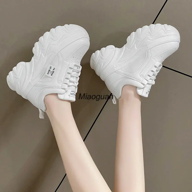 White Black Chunky Sneakers Women Spring Autumn Thick Bottom Shoes Woman\'s Fashion PU Leather Platform Sneakers Ladies Lace-up