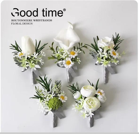 

Corsage wrist flower green and white rose outdoor wedding bride and groom lapel bridesmaid hand flower knot wedding photography