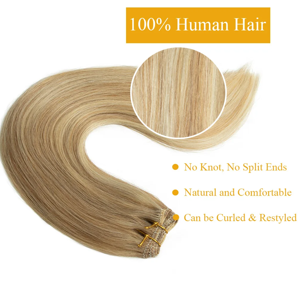 Mechones de trama de cabello humano liso, extensiones de cabello humano rubio y marrón, piel Remy recta, doble trama, 50g por pieza, 12 "-24"