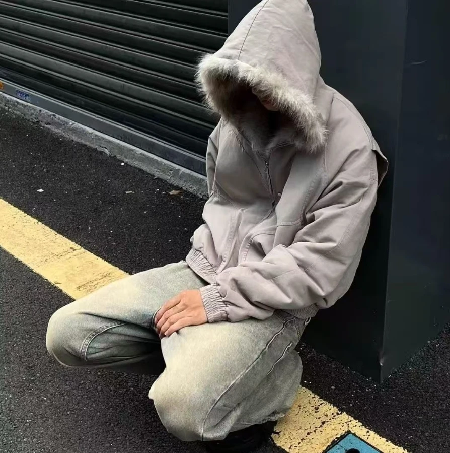 

Men's Fur Collar Jacket Thickened Parka Cotton Coat Long Sleeve Contrast Color Long Sleeve Male Tops