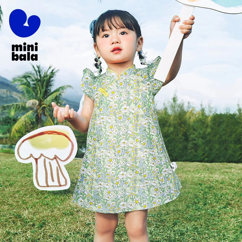 

Mini Bala Cotton Cheongsam Dress Girl Sweet Chinese Style Summer Dress for Festivals and Photography