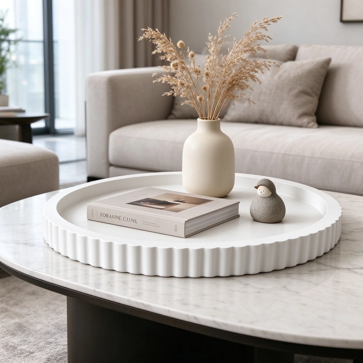 Round Coffee Table Tray, Minimalist White Decorative Serving Tray For Living Room Center Table And Home Styling