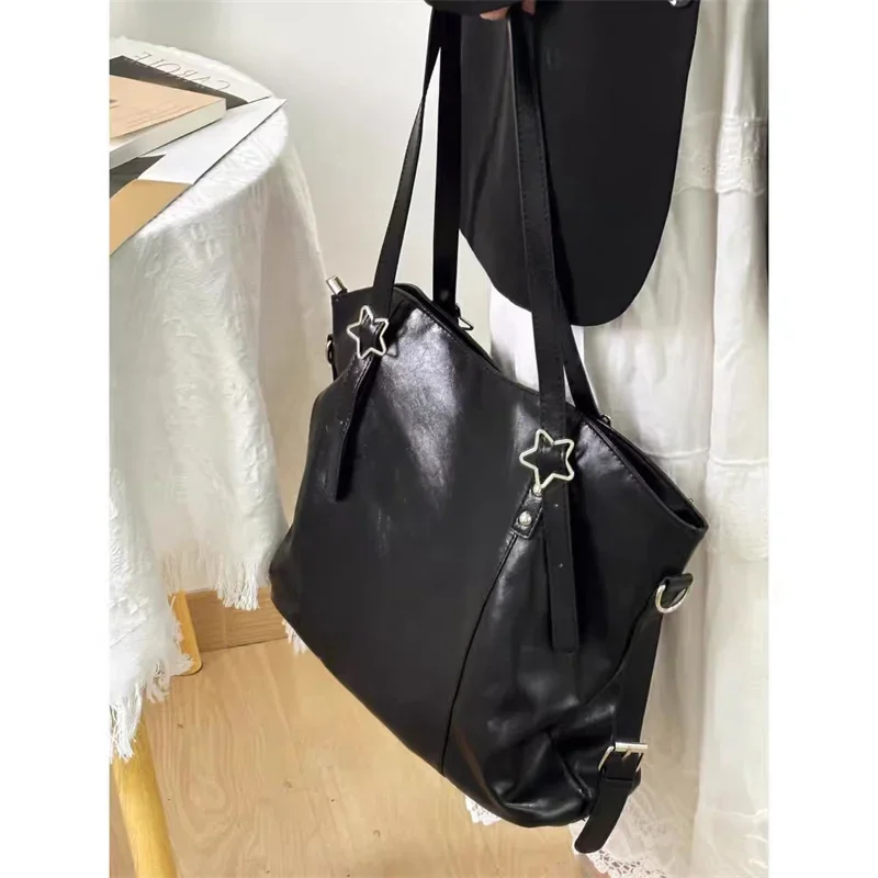 Soft Pu Leather Shoulder Bag Ladies Simple Commuter Girls Student Underarm Book Handbags Large Capacity Star Tote Bags for Women