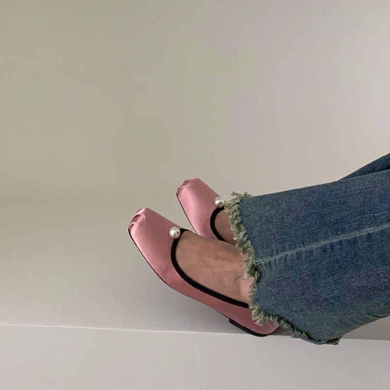 2024 Spring Summer New Elegance Ballet Shoes Women Square Head Satin Surface Flat Shoes Retro Fashion Grandma Shoes Pearl