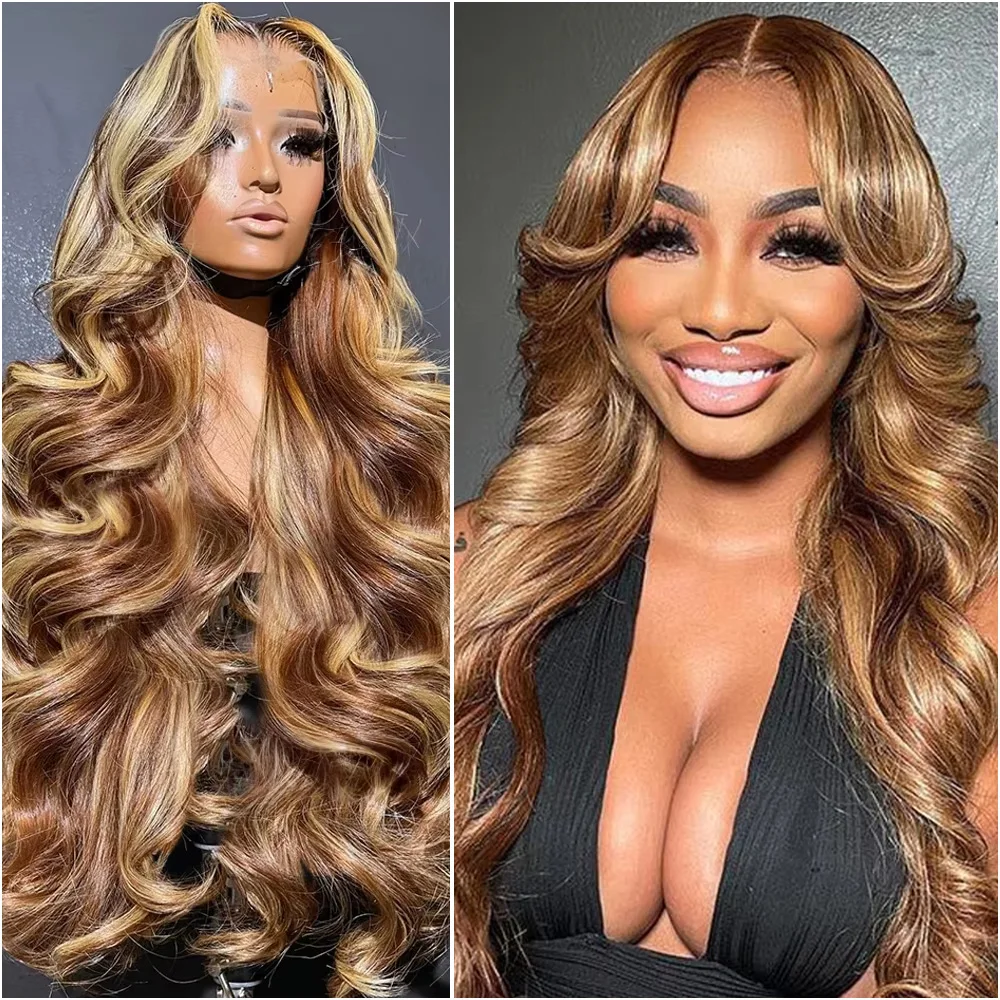 200% الكثافة الجسم موجة 13x6 HD الدانتيل الباروكة الأمامية 4/27 تسليط الضوء على العسل شقراء الدانتيل الجبهة 100% خصلات الشعر المستعار الإنسان للنساء قبل قطعها