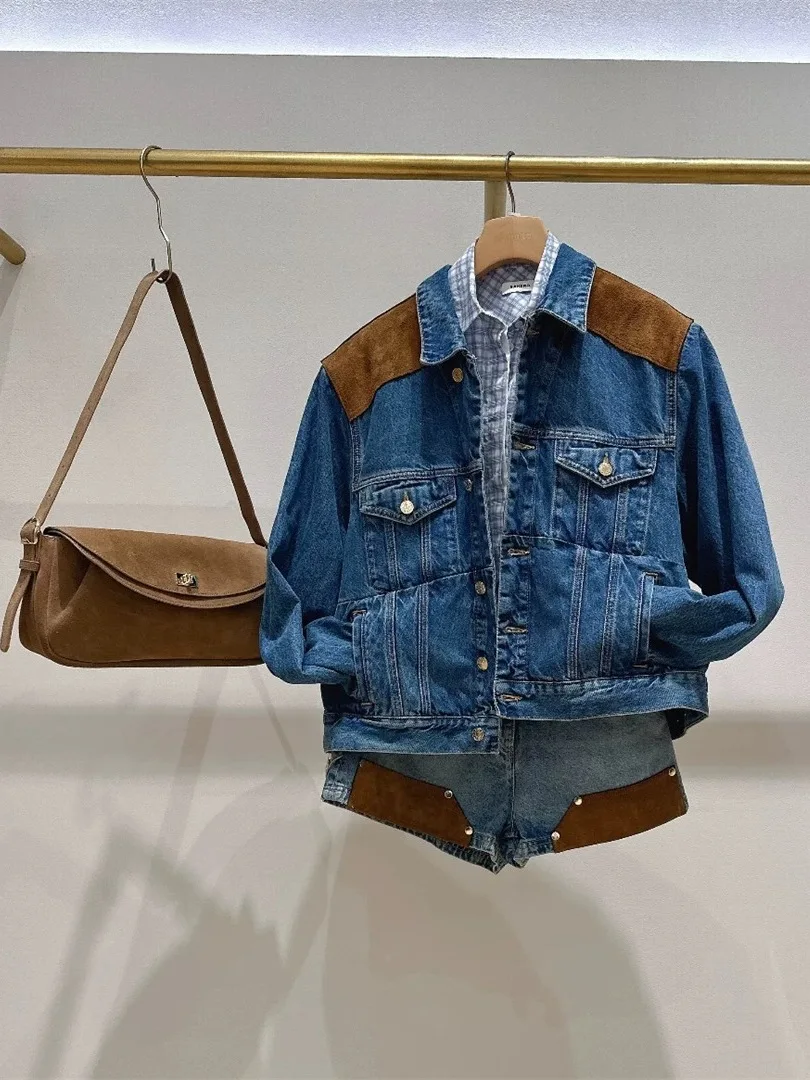 

Spring Summer New Style Women's Suede Denim Jacket Coat Rivet Short Pants Set Fashionable Leg Lengthening Effect Cotton Breat...