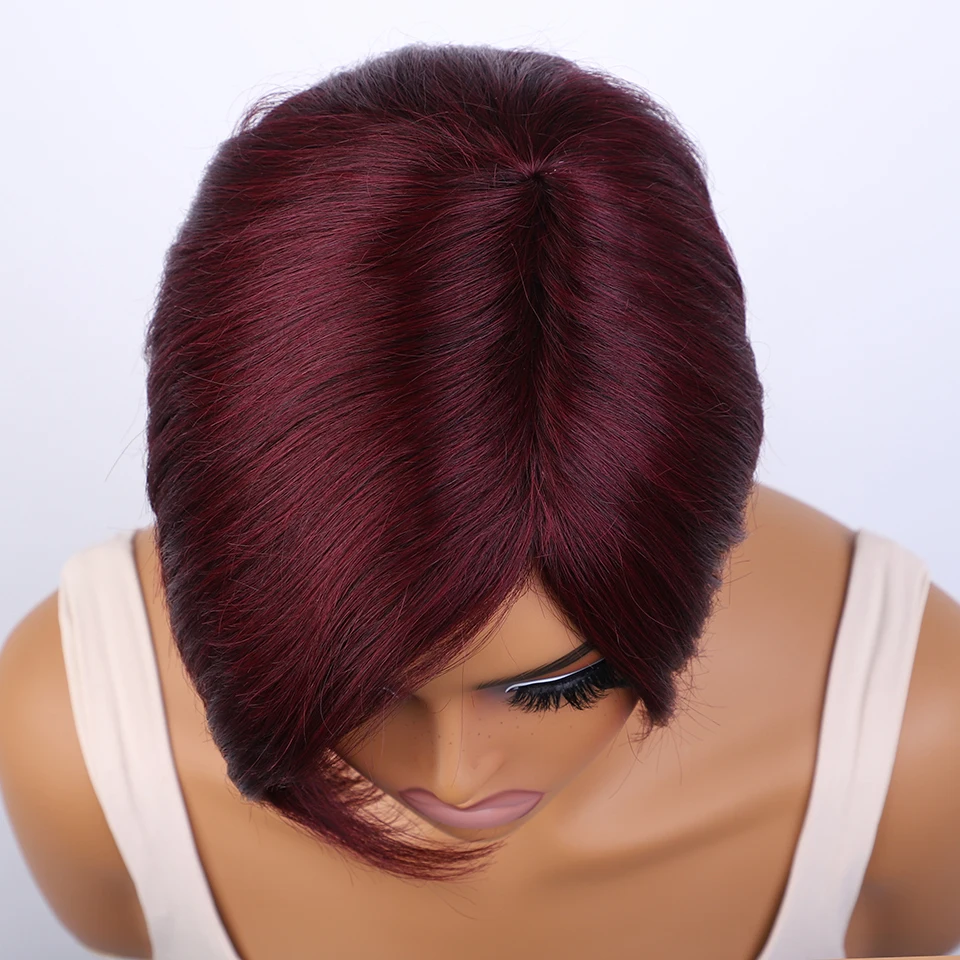 Lekker Burg Red Short Pixie Cut 100% Human Hair Wigs For Women Brazilian Remy Hair Full Machine Made Straight Colored Bob Wigs