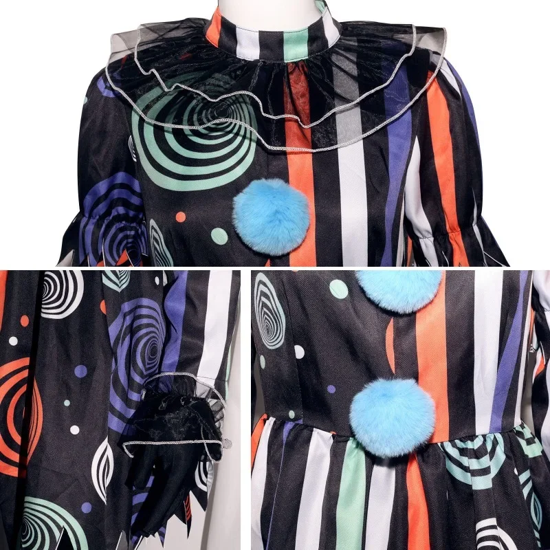 Disfraz de payaso de Halloween para adultos, vestido de fantasía, uniforme, medias, guante, accesorios para niños y niñas, disfraces de fiesta de Halloween