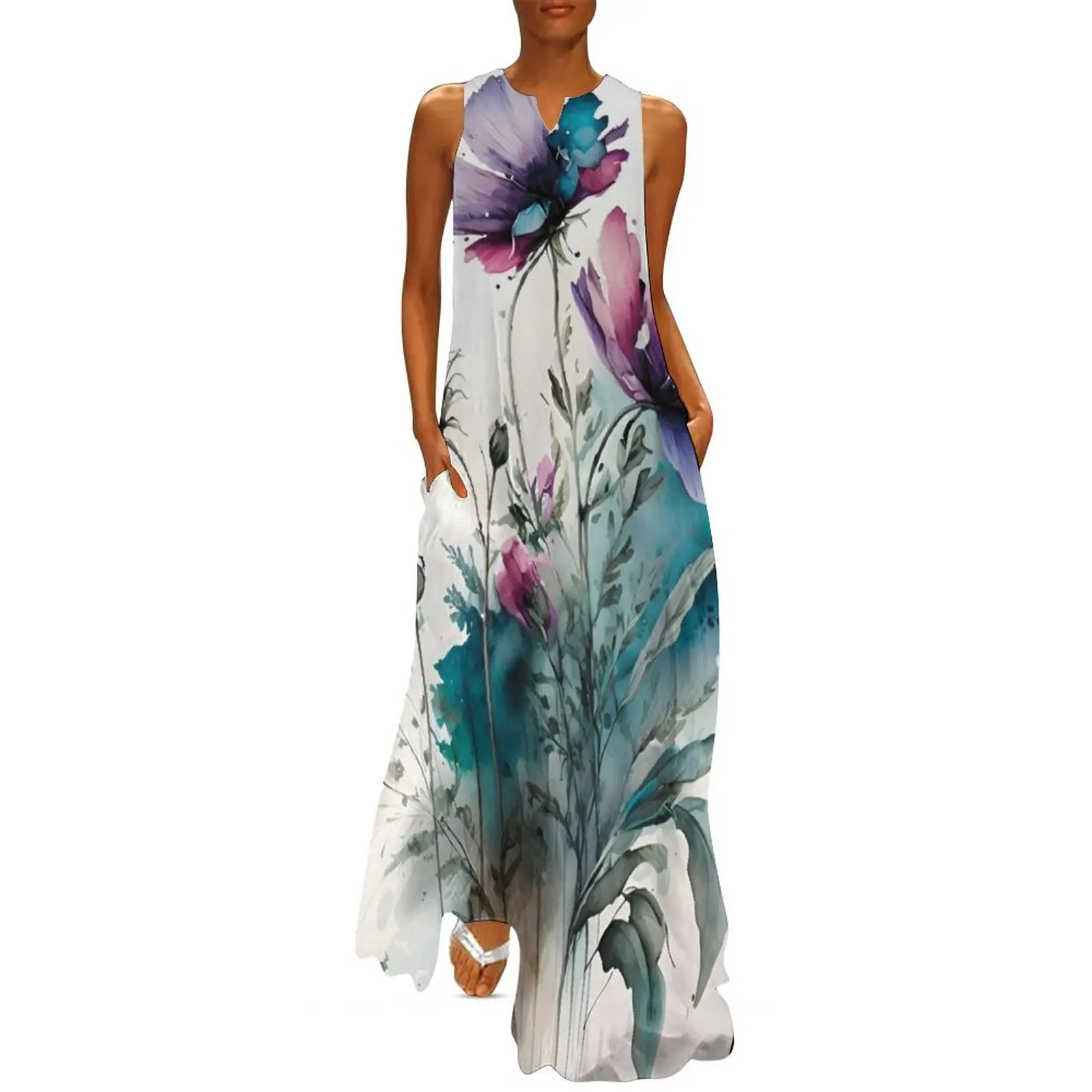 Spring Themed blue Watercolor Flowers, Pretty Garden Art Long Dress Cocktail of dresses prom clothes Dress