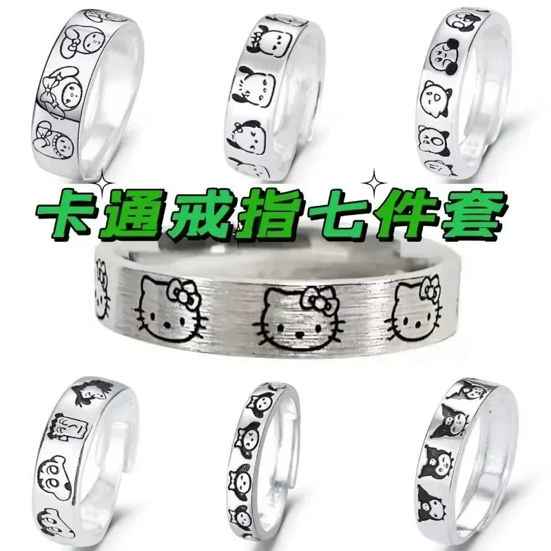 Sanurgente-Bagues de dessin animé Hello Kitty, accessoires de bague évidée Kawaii, doigt en cristal, cadeaux argentés, sœur