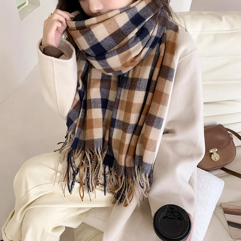 Winter Scarf for Women Student Cotton Cashmere Warm Colorful Plaid Scarves Foulard Viscose Tassel Wrap Shawls New Korean Style