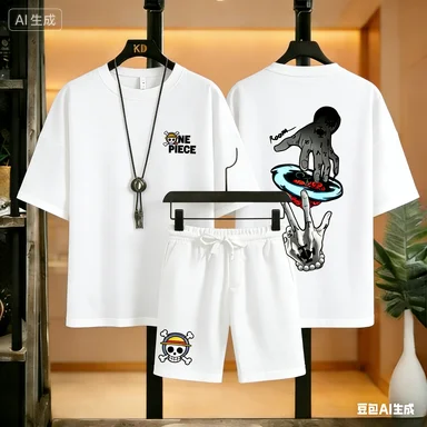 

Новый летний мужской комплект 2026: футболка оверсайз и шорты с принтом аниме One Piece (Луффи), повседневный уличный спортивный костюм