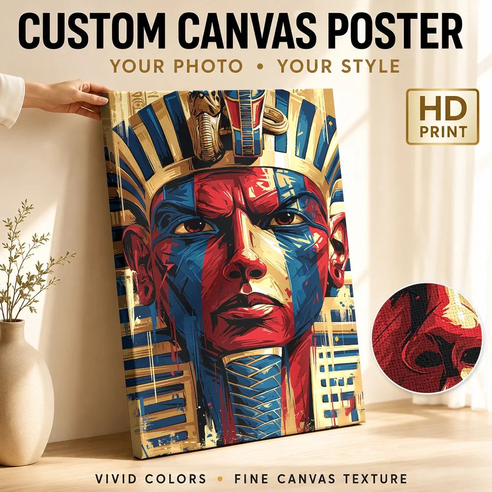 Pharaoh Tutankhamun History Portrait Wood Framed Canvas Poster Personalized Photo Colorful Geometric Detail Wall Art For Study