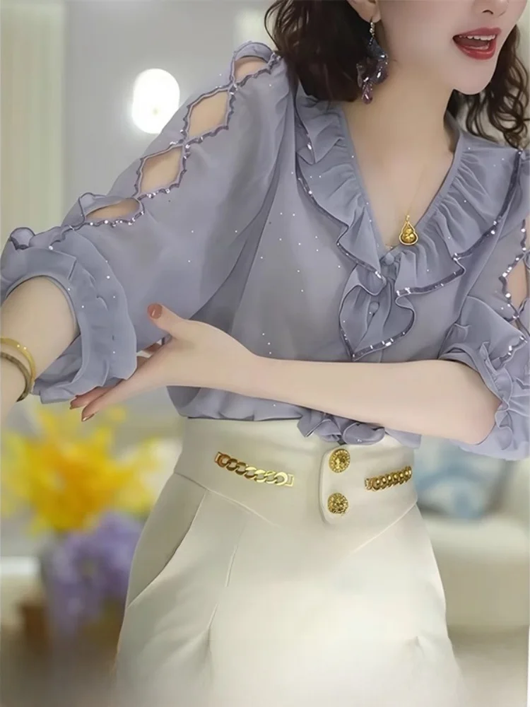 

Women's Long Sleeve Shirt Summer Fashionable Trimmed Lace Patchwork Straight Cut Commute Style V-Neck Regular Thickness Pure ...