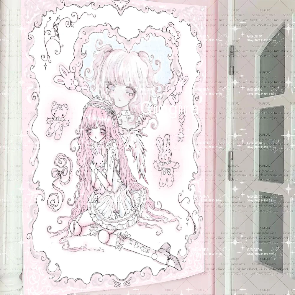 2D Lace-pink teenage Gothic Lolita dormitory and bedroom decorations, tapestries, wall-hanging fabrics, and indoor hanging items