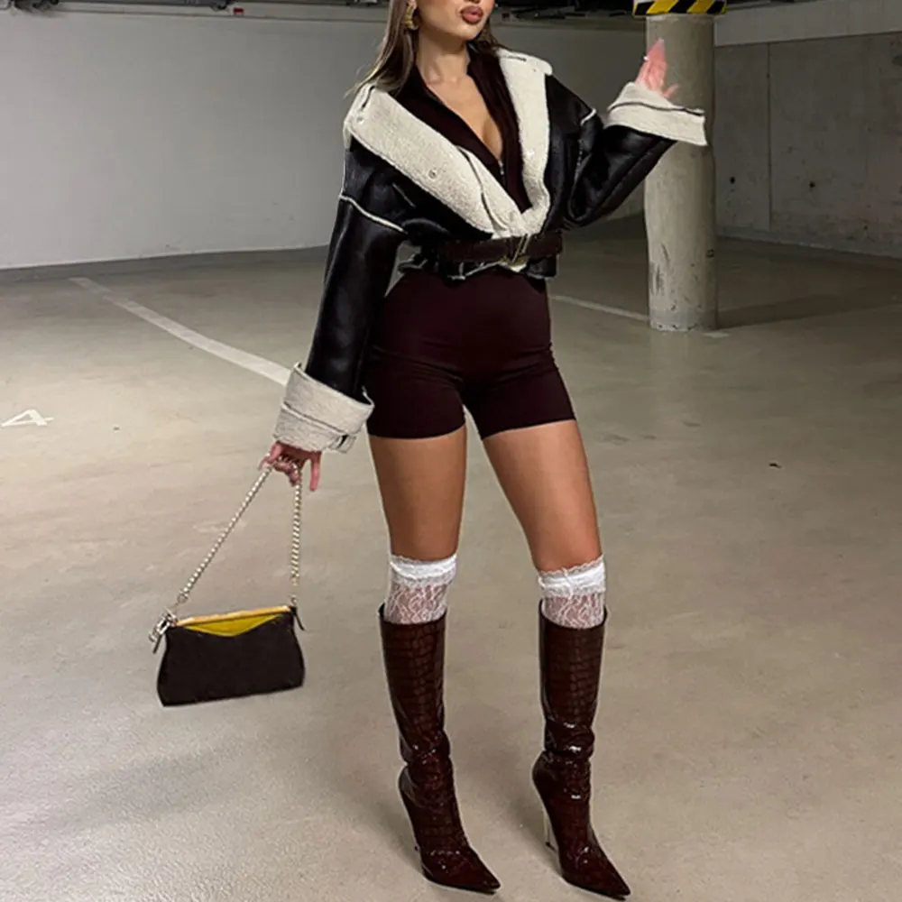 เสื้อแจ็คเก็ตหนังหนาสำหรับผู้หญิง สไตล์สตรีทอบอุ่น ตัดสั้น บุขน คอตั้ง ทรงมอเตอร์ไซค์ สำหรับฤดูใบไม้ร่วงและฤดูหนาว