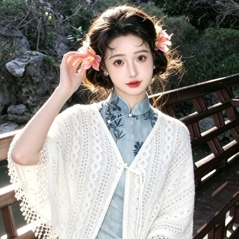 White  Shawl Women's Outerwear 2026 New Spring Autumn Chinese Style Air Conditioned Room Poncho Knitted Cardigan