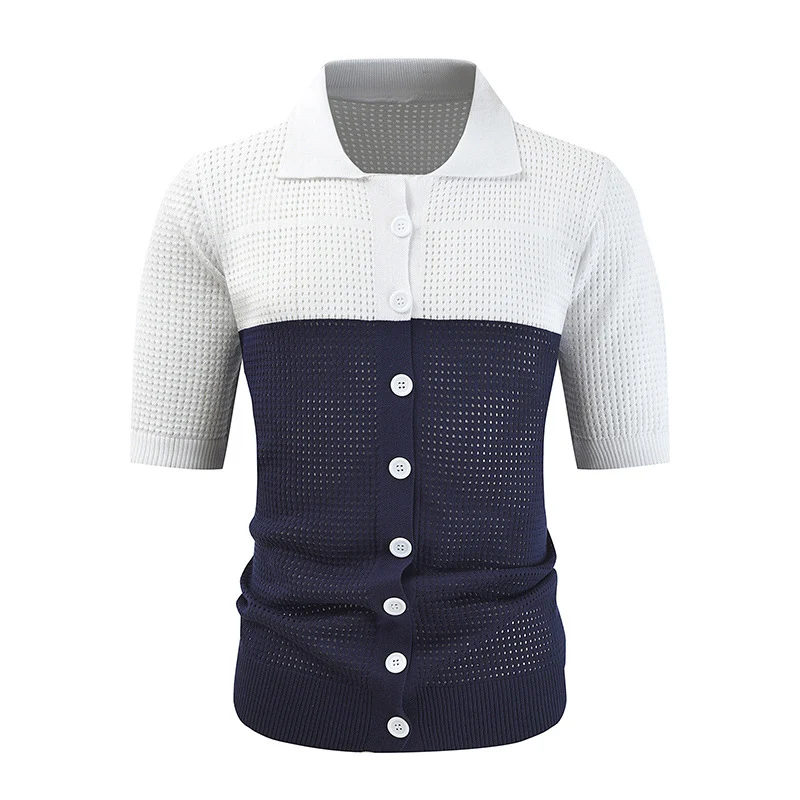 

Fashion Contrast Color Knitting Shirt Mens Summer Short Sleeve Button Lapel Casual Shirts Leisure Breathable Knit Cardigans Male