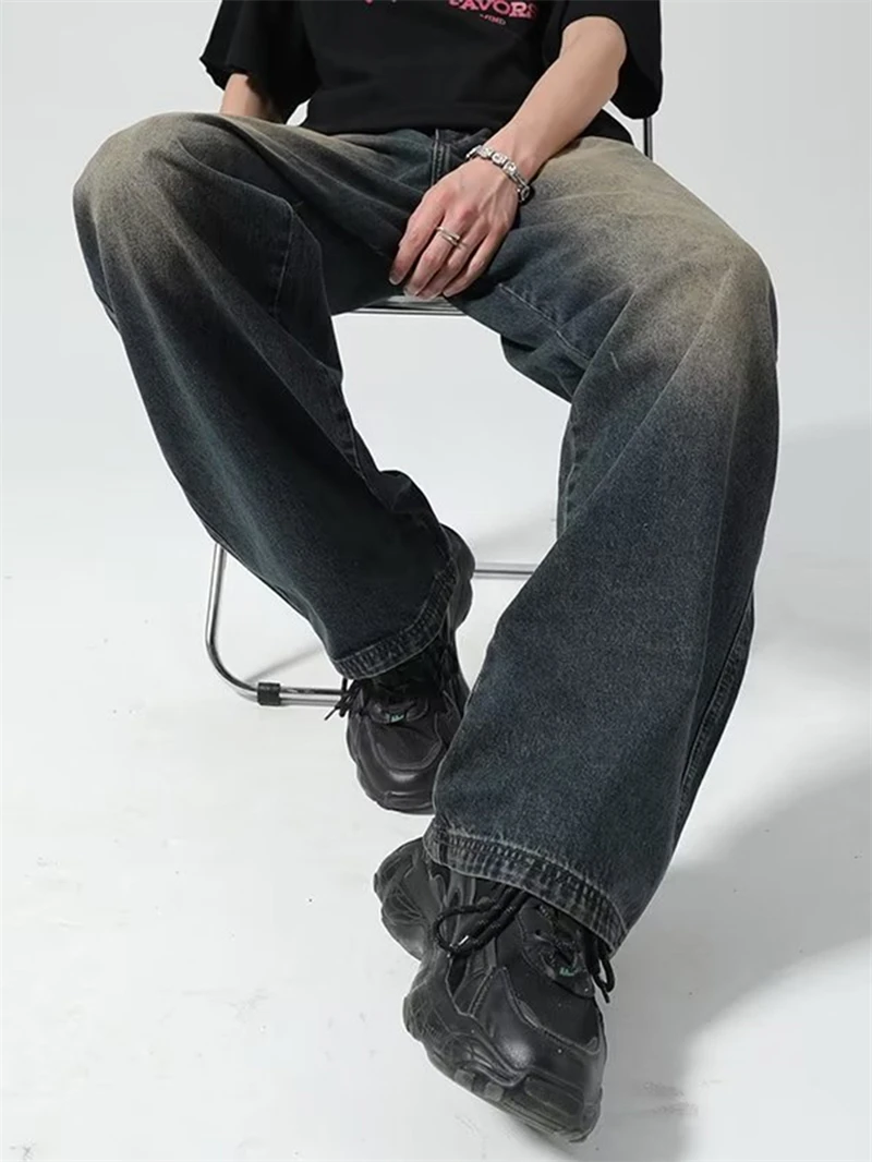 

Retro Blue Waed Men's Jeans Loose Straight Leg Wide Leg Floor-Length Spring Autumn Trendy Korean Sle Casual Straight Jeans