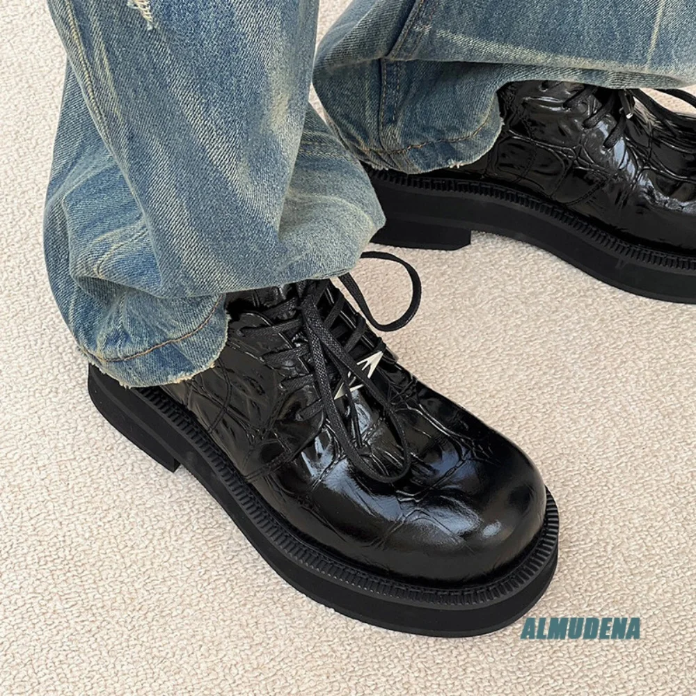 Gloss Embossed Leather Men Round Toe Low Oxford Shoes Lace Up Chunky Platform Sole Outdoor Spring Autumn Street Leisure Shoes