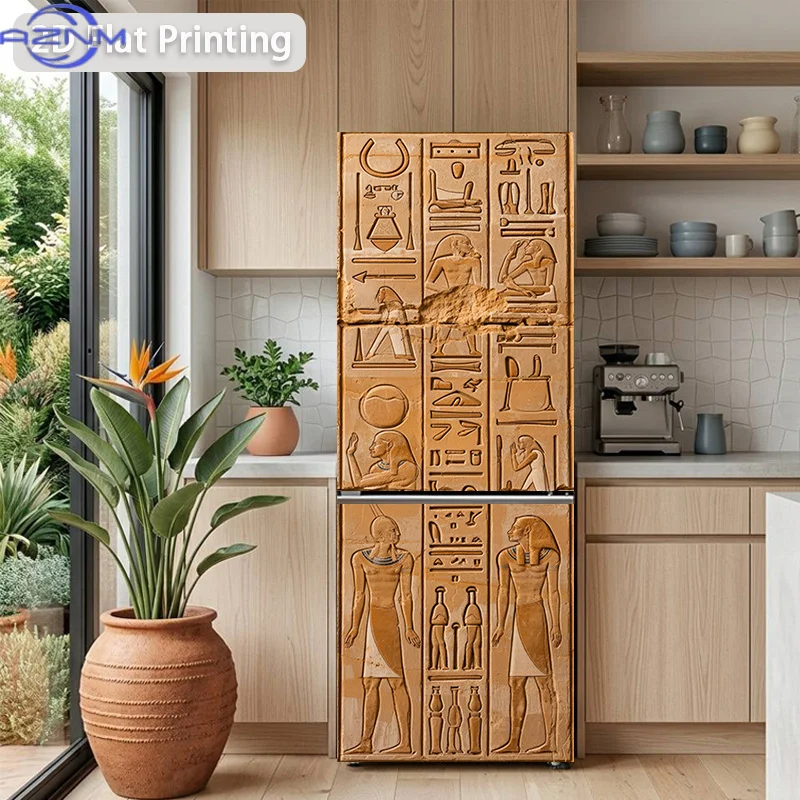 Printing Refrigerator Sticker Ancient Egyptian Hieroglyph Engraving Themed Design, Self-Adhesive Wall Decal Wallpaper, Suitabl