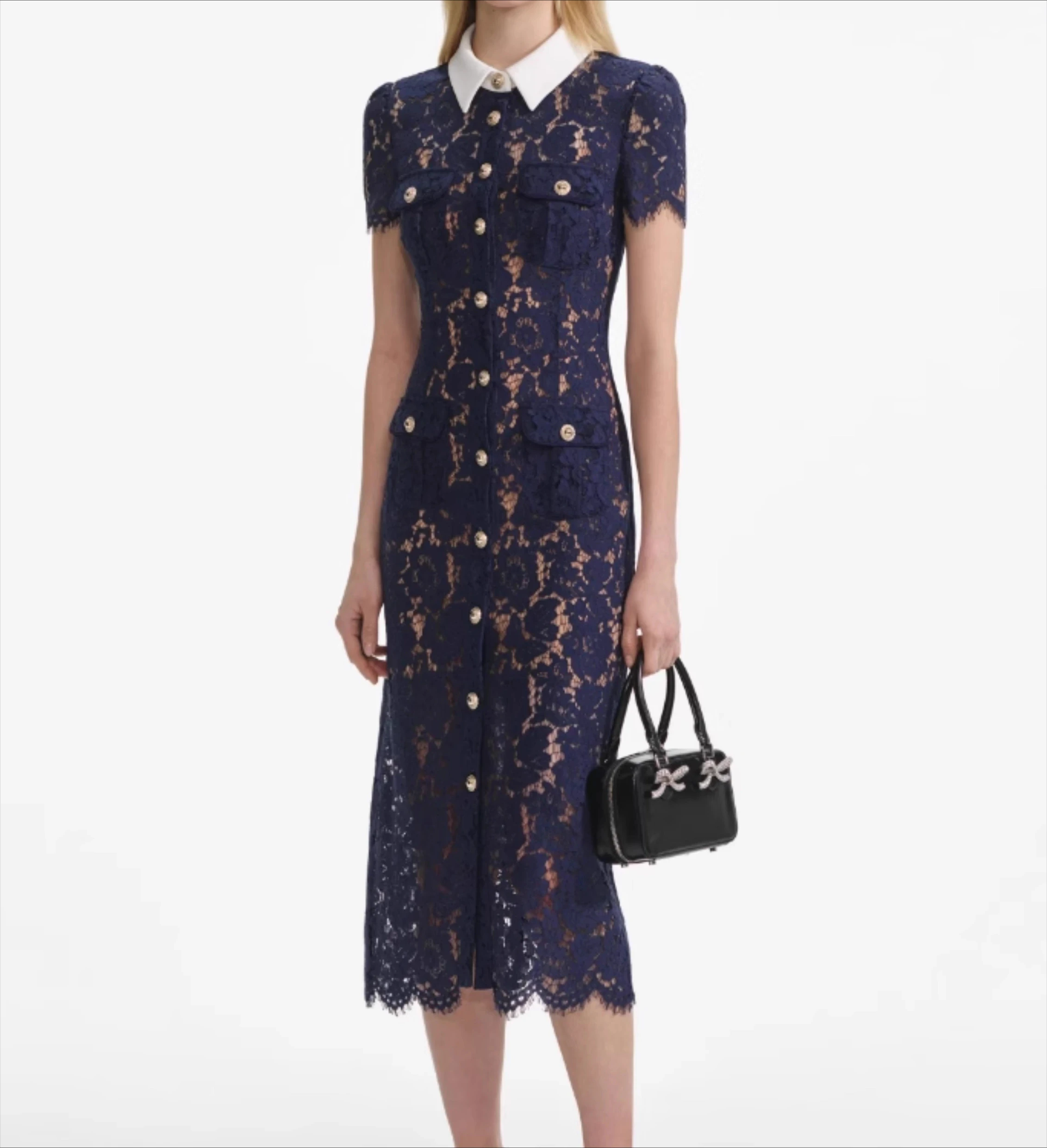 Abito in pizzo blu scuro da donna elegante con fasce manica corta abbigliamento vintage da donna abiti chic monopetto aderenti