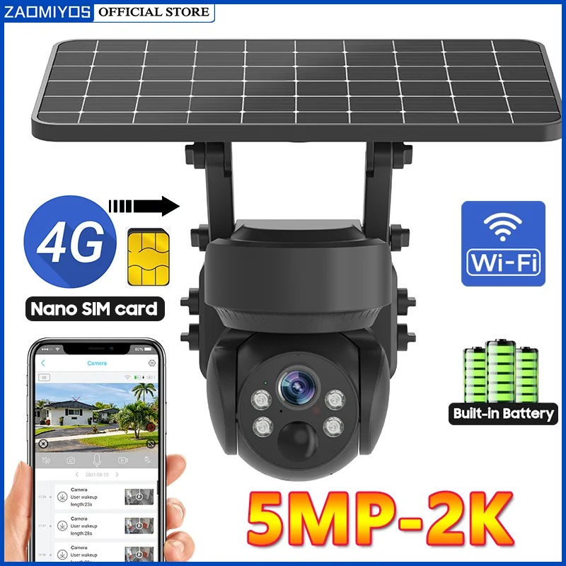 

ZAOMIYOS 2K 5MP Solar Powered Wifi Surveillance Camera Security wireless 4G SIM Card Outdoor PTZ IP CCTV Camera Human Detection