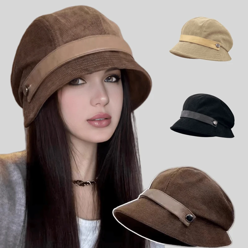 1 Stück einfarbiger Retro-Cord-Eimerhut für Damen, geeignet für Herbst/Winter, modischer Pendelverkehr, verwendet als Geschenkhut, Baskenmütze, ansprechend