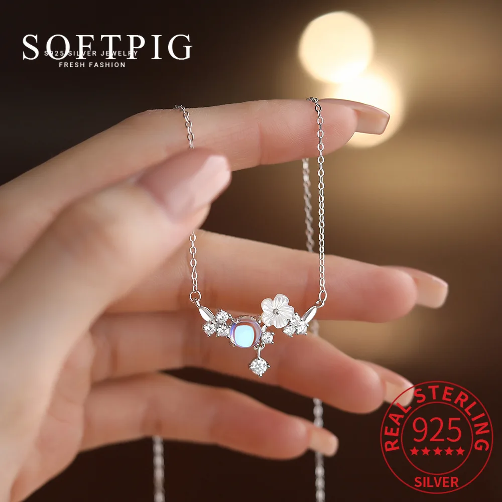 

SOFTPIG Real 925 Sterling Silver Zircon Shell Flower Plant Choker Necklace for Women Cute Fine Jewelry Light Luxury Accessories