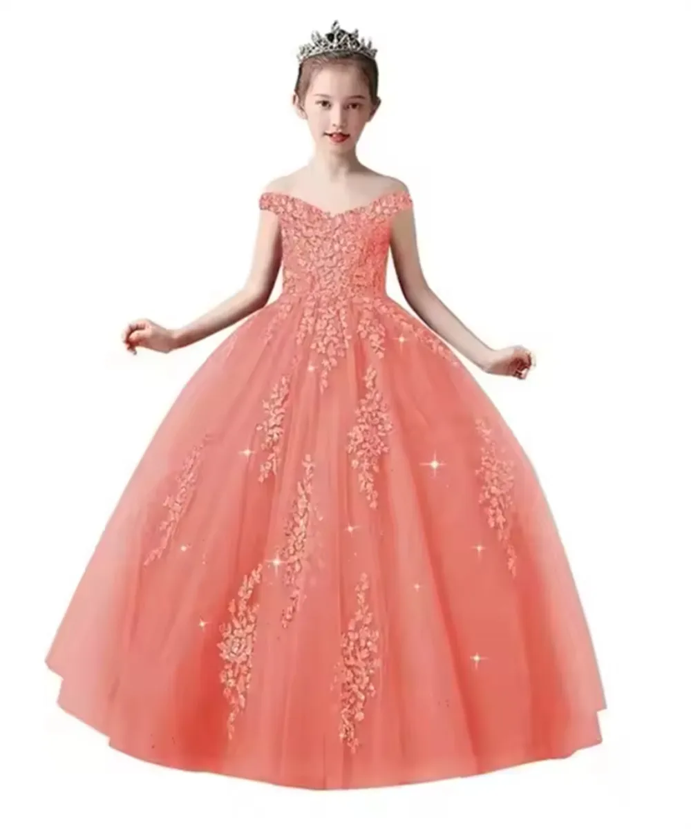Elegante schulterfreie Blumenmädchenkleider für Hochzeiten, abgestuftes Ballkleid mit Applikationen, Prinzessin, Geburtstagsfeier, Kinder-Kommunionkleid
