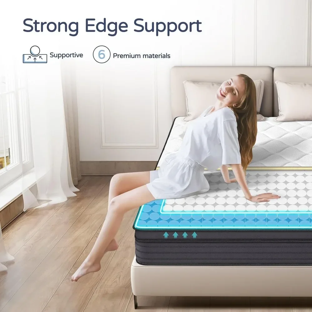 Matelas Queen Size avec mousse à mémoire de forme, support de bord de bain, ressorts de poche, moyen optimiste, 12 po