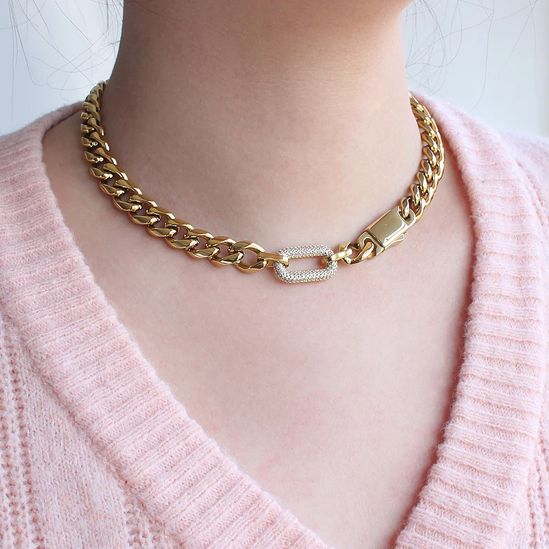 Unique Design Key clasp 18K Gold Plated Zircon Necklaces Anti-allergy Stainless Steel Cuban Link Chain Necklace Jewelry Gifts