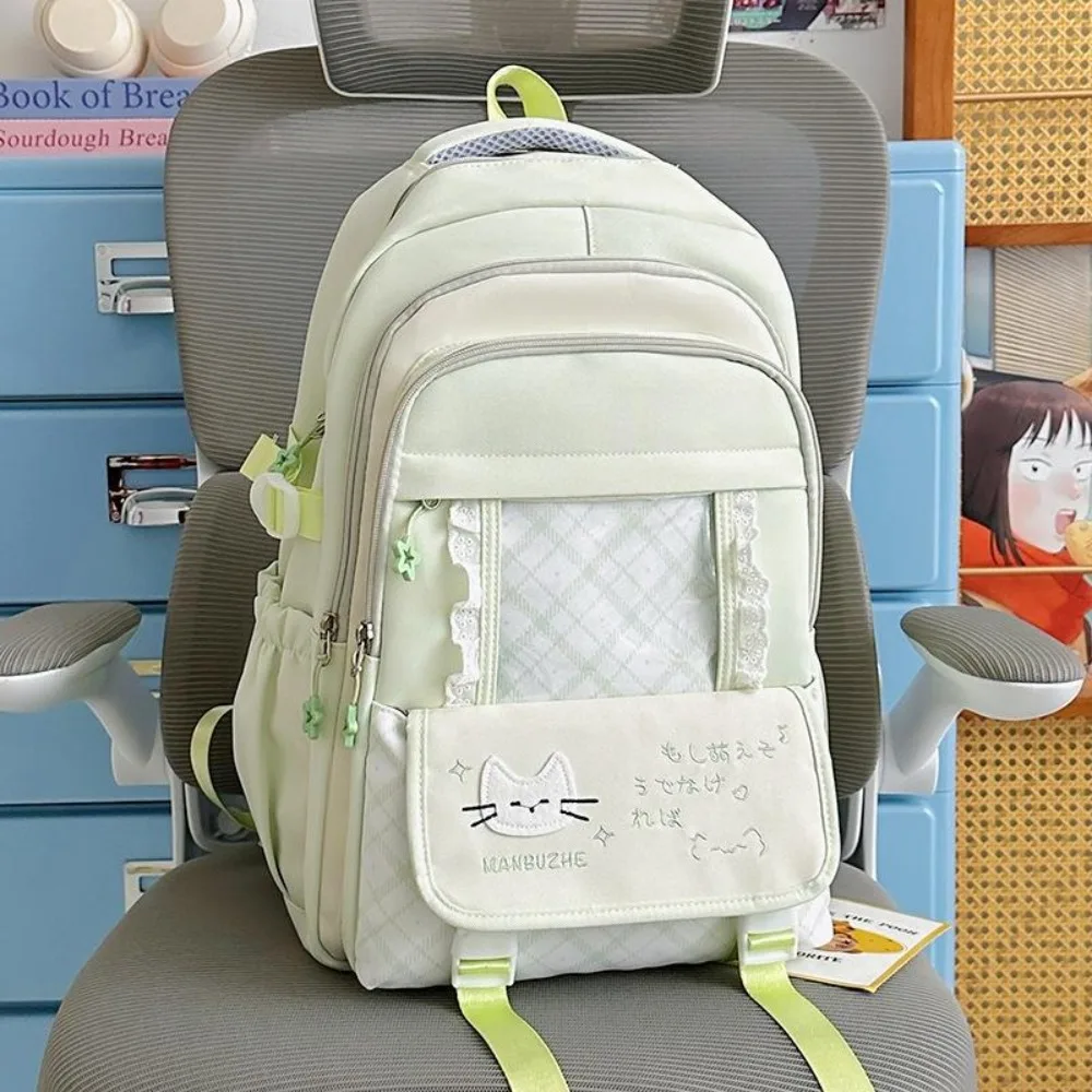 Lace Trim Girls School Backpack Checkered Lightweight Teen Girls Backpack Cat Pattern Multi-Pocket Multi-Pocket Bookbag