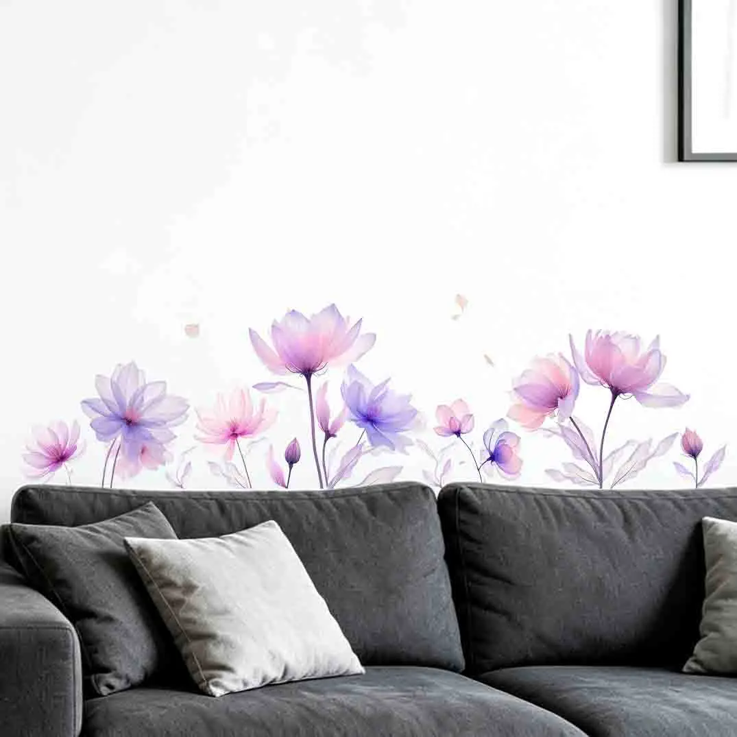 Pink-purple, gentle plant and flower wall decals, background wall, living room, room decoration, self-adhesive wall decals, wall
