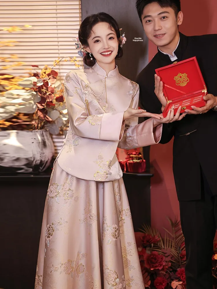 

Pink New Chinese Sle Wedding Dr Long Sve Engagement Ceremony Women's Faion Sensation Winter Gown Floor-Length